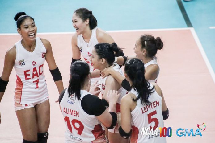 Members of the Emilio Aguinaldo College Lady Generals, led by Ilongga Elizza Alimen, celebrate their win against the San Beda University Lady Red Spikers. PHOTO COURTESY OF NCAA/GMA SPORTS