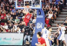 Barangay Ginebra San Miguel Kings’ Japeth Aguilar scores on a two-handed dunk. PBA PHOTO