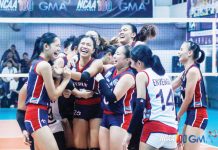 Members of Colegio de San Juan de Letran Lady Knights celebrate their win over the College of St. Benilde Lady Blazers. PHOTO COURTESY OF NCAA/GMA SPORTS