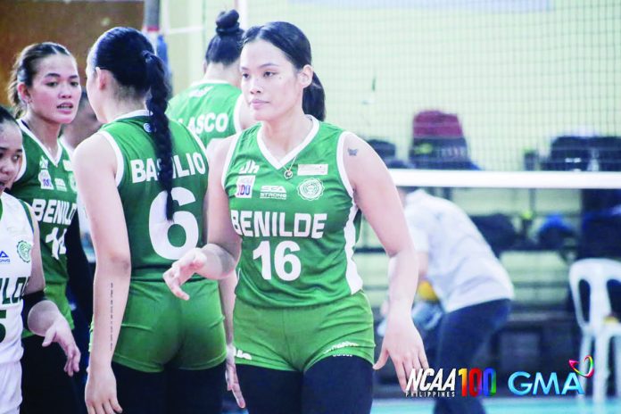 Clydel Mae Catarig produced 14 points, all coming from attacks, to lead the defending champions Lady Blazers in their NCAA Season 100 women’s volleyball match against the Jose Rizal University Lady Bombers. PHOTO COURTESY OF NCAA/GMA SPORTS