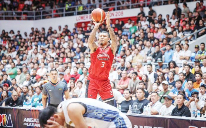 Barangay Ginebra San Miguel Kings’ Jamie Malonzo pulls up for a three-pointer. PBA PHOTO