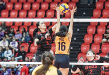 Ilongga Aiza Maizo-Pontillas of Petro Gazz Angels unloads an attack against the defense of Capital1 Solar Energy Solar Spikers' Norielle Ipac. PVL PHOTO