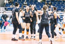 Members of the University of the Philippines Fighting Maroons celebrate their tight win over Adamson University Lady Falcons. UAAP PHOTO