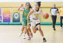 Negrense Kent Jane Pastrana of the University of Santo Tomas Golden Tigresses dribbles the ball away from a defender. WMPBL PHOTO